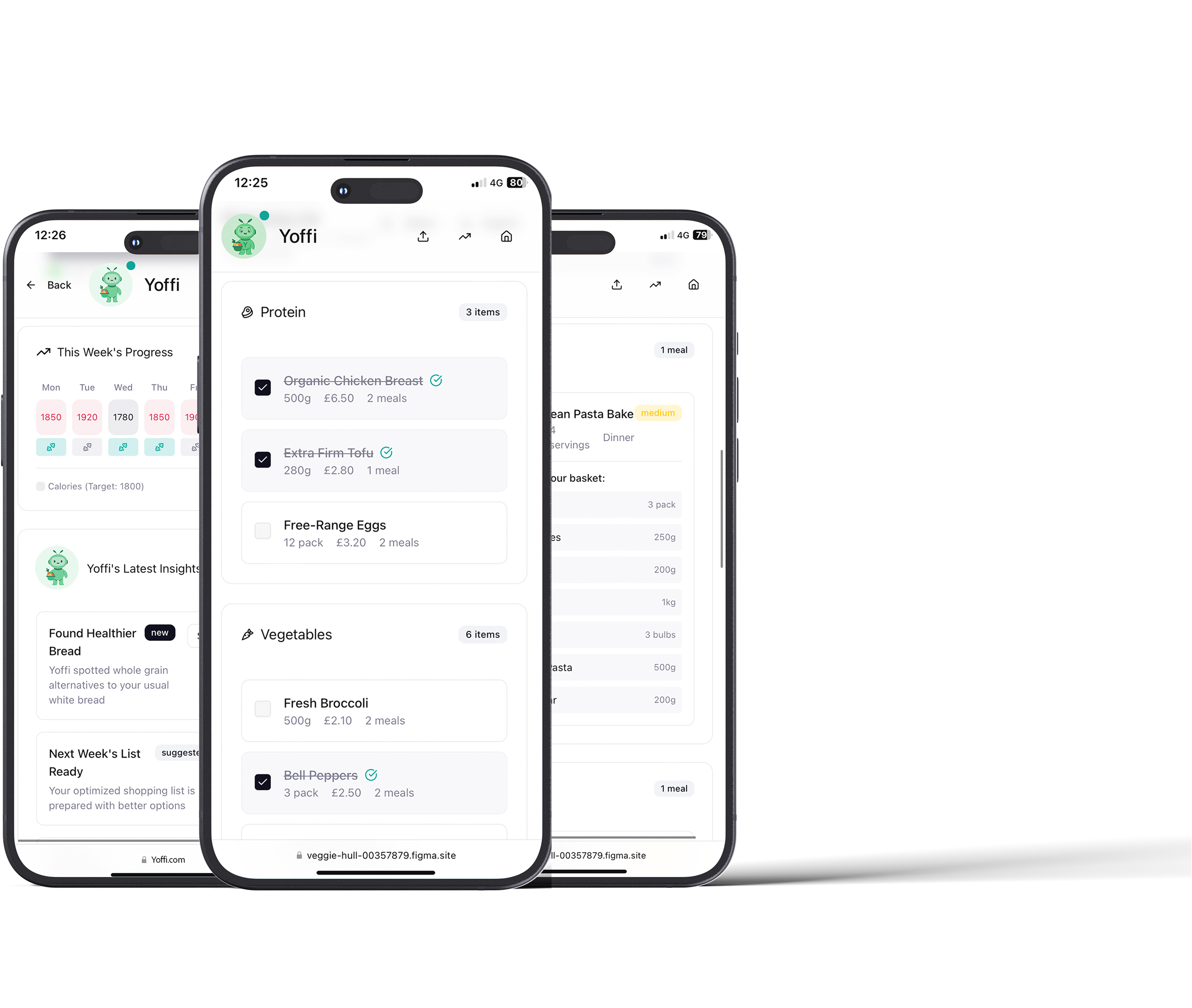 Yoffi app screens showing progress tracking, shopping lists, and meal planning